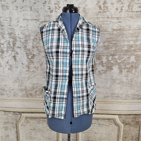 Vintage 1960s Seersucker Blouse Swiss Dot Sheer Blue Teal Black Rockabilly - Picture 4 of 11